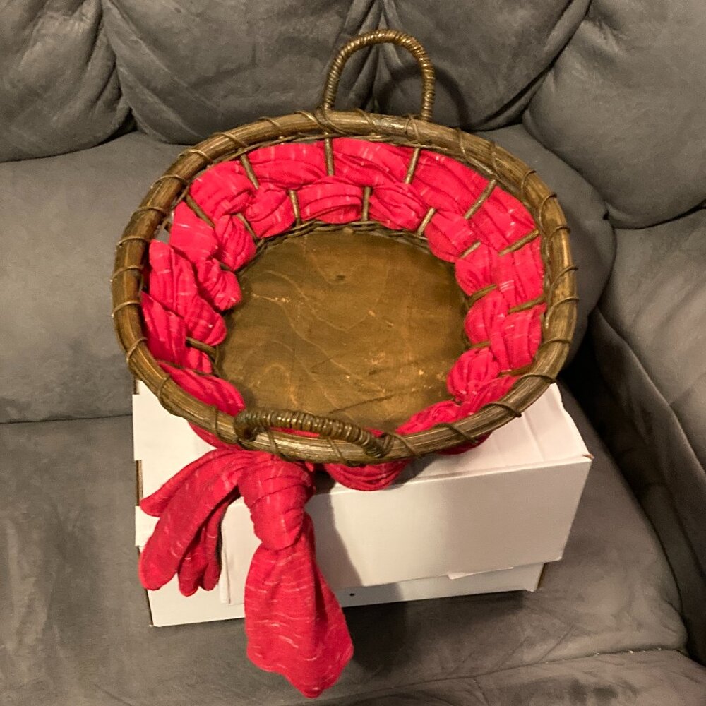 VTG BentWood Bread/Fruit/Gathering Basket-Fabric Trim-2 Handles-13.5"L& 11'W-EUC